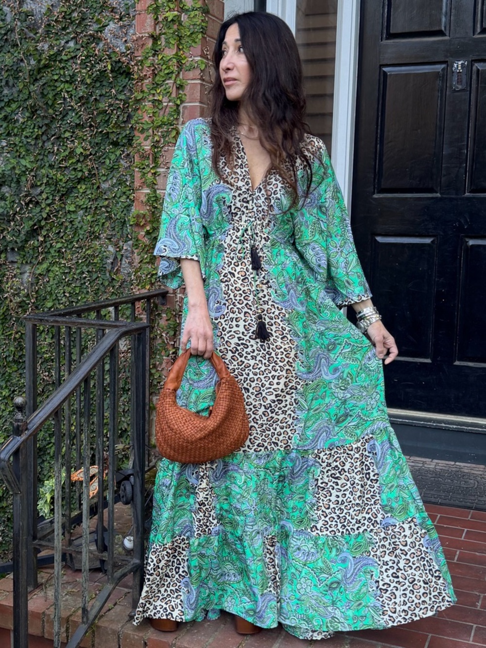 ShopEvelynne Silk Blend Green Paisley & Leopard Panel Maxi Dress